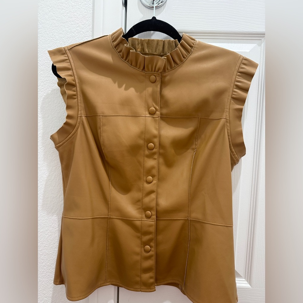 Sleeveless Ruffled Mock Neck Faux Leather Top in Camel
